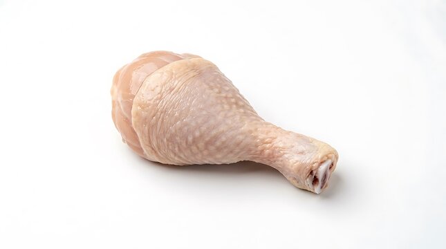 Fresh raw chicken drumstick poultry leg isolated on white background for butchery grocery and culinary recipe design.