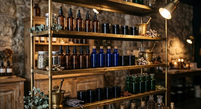 Vintage apothecary shelf with herbal tincture bottles and essential oils. Natural medicine and traditional pharmacy concept. Herbalist shop interior with mortar and dried lavender