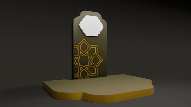 3D animation Arabic Islamic photo booth ornament phasing build reveal, neon glowing arch gold geometric lattice mashrabiya, green podium dark background