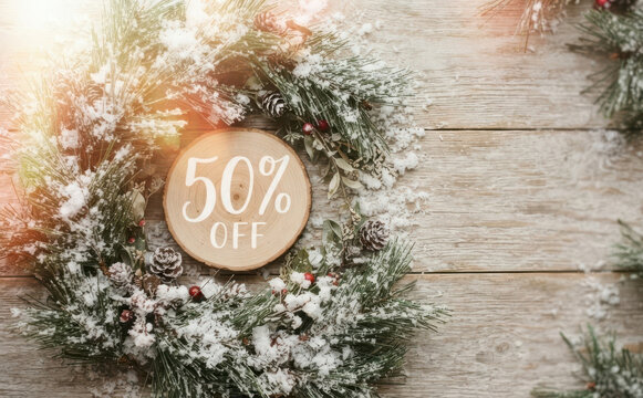 Christmas sale 50 percent off promotion sign with snowy pine wreath on wooden background for holiday shopping banner