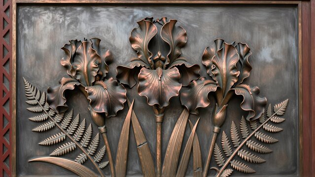 Bronze iris and fern relief on dark metal panel with ornate frame.