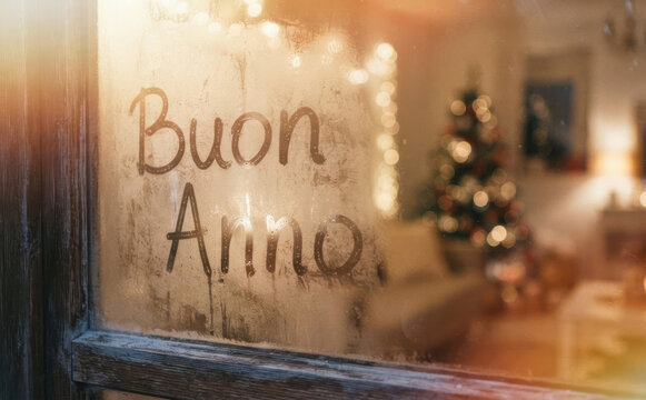 Buon Anno text written on a frosty winter window with a cozy Christmas tree glowing in the background interior living room concept