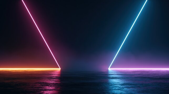 3d technology abstract neon light background, empty space scene, spotlight, dark night, virtual reality, cyber futuristic sci-fi background, street floor studio for mock up. colored geometric