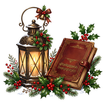Vintage Christmas lantern with carol songbook and festive holly pine decorations isolated on white