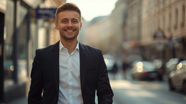 portrait of a handsome smiling young businessman boss in a black suit walking on a city street to his company office. blurry street background, confident