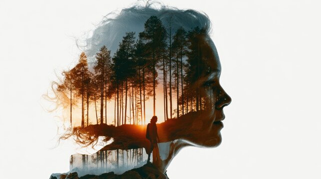 Double exposure photography of close up traveller and the tranquil forest, nature, adventure, forest, man, hiking, backpack, young, lifestyle, tourist, outdoors