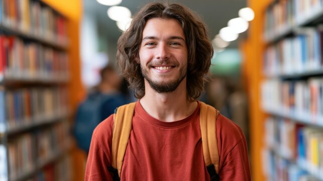 Handsome Smile student man with backpack and books in library, education, university, cheerful, college, happy, standing, school, backpack, attractive, enjoyment, confidence