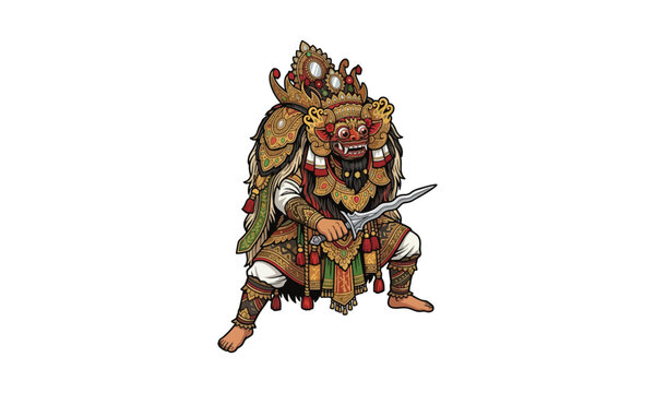 Balinese Barong Character Holding Kris Dagger Illustration