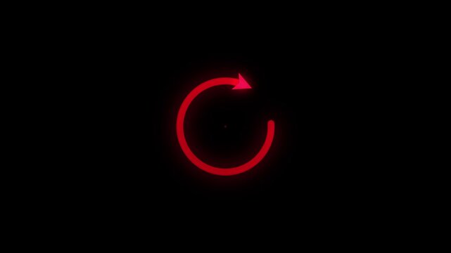 red circular arrow. Red glowing circular arrow rotating on black background