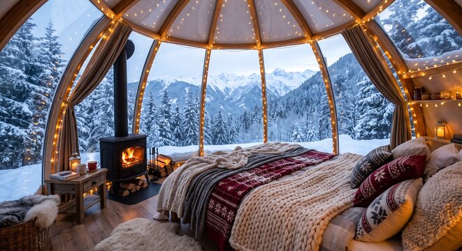 Cozy transparent glamping dome with warm bed and wood stove in snowy winter forest. Winter vacation in mountains with panoramic view. Christmas holiday and hygge comfort concept.