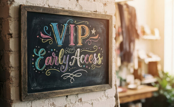 VIP Early Access handwritten chalk sign on brick wall in retail store boutique for exclusive shopping event promotion