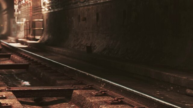 The scene shows an underground subway tunnel featuring train tracks. The walls are lined with rough textures and water droplets are visible. The lighting is low and creates shadows.