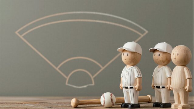 Wooden baseball players stand ready, with bat and ball on rustic table.