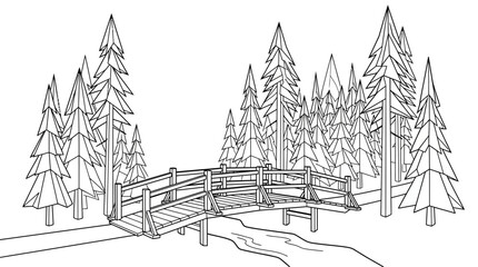 Obraz premium Low Poly Forest Landscape with Wooden Bridge Coloring Page