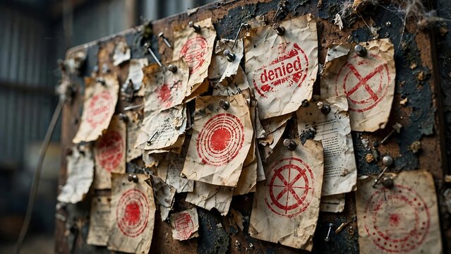 Chaotic Bulletin Board Covered in Expired Denied Applications for Recruitment Employment Issues Representing Hiring Challenges and Rejection in Corporate Business Environments