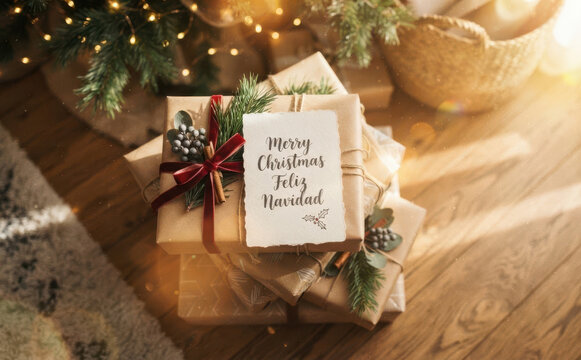 Rustic Christmas gift boxes wrapped in brown paper with pine branches and a Merry Christmas Feliz Navidad card for holiday greeting and festive winter celebration concept