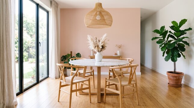 Bright modern dining room interior featuring round marble top table with wooden legs, wishbone chairs with woven seats, rattan pendant lamp hanging above, large fiddle leaf fig