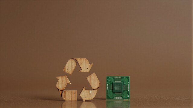 Wooden recycling symbol beside a green circuit board, symbolizing tech sustainability.