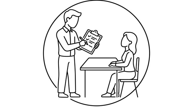 Recruiter conducting a job interview with a candidate seated at a desk inside a circular frame.