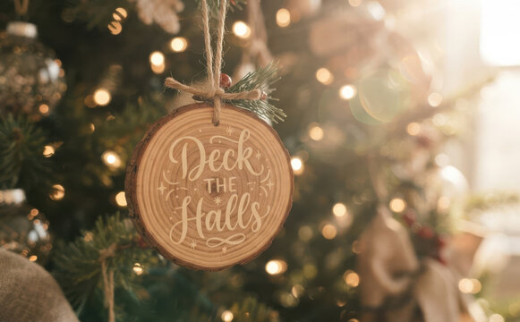 Rustic wood slice Christmas ornament with Deck the Halls lettering hanging on a decorated tree with warm bokeh lights for holiday seasonal home decor