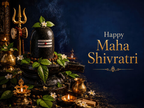 Happy Maha Shivratri Greeting with Shiva Lingam, Trishul and Sacred Puja Offerings