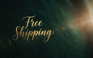 Fototapeta premium Elegant golden free shipping text sign on dark background with lens flare for online store promotion and e-commerce marketing concept