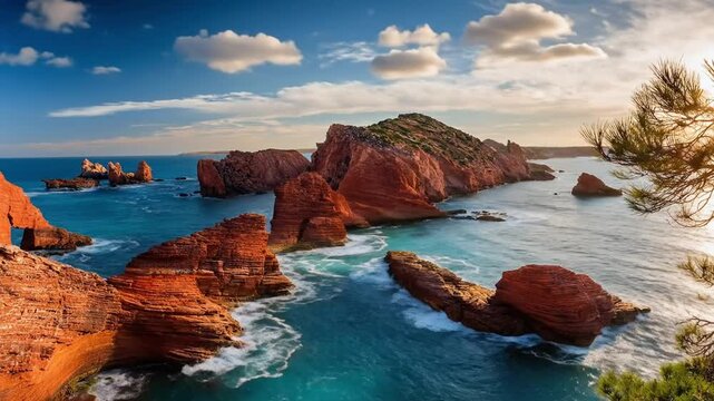 Majestic red rock formations and sea stacks in a vibrant turquoise ocean under a clear sky during sunset