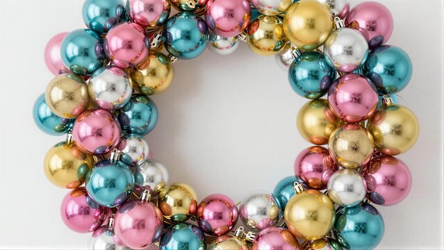 Vibrant, colorful Christmas ornaments form a festive, joyful wreath.