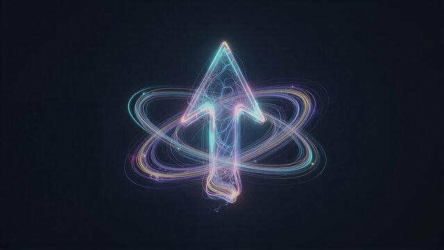 Glowing arrow with atomic rings, vibrant light trails against dark background.