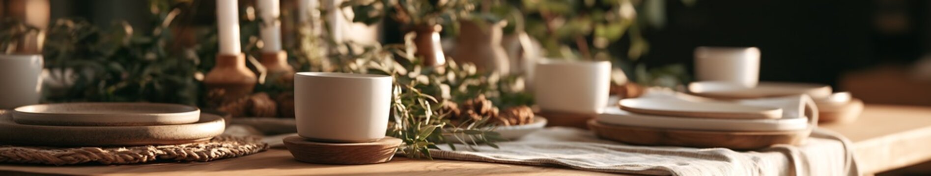 Rustic winter holiday table setting with ceramic cups, wooden chargers, greenery garland and taper candles