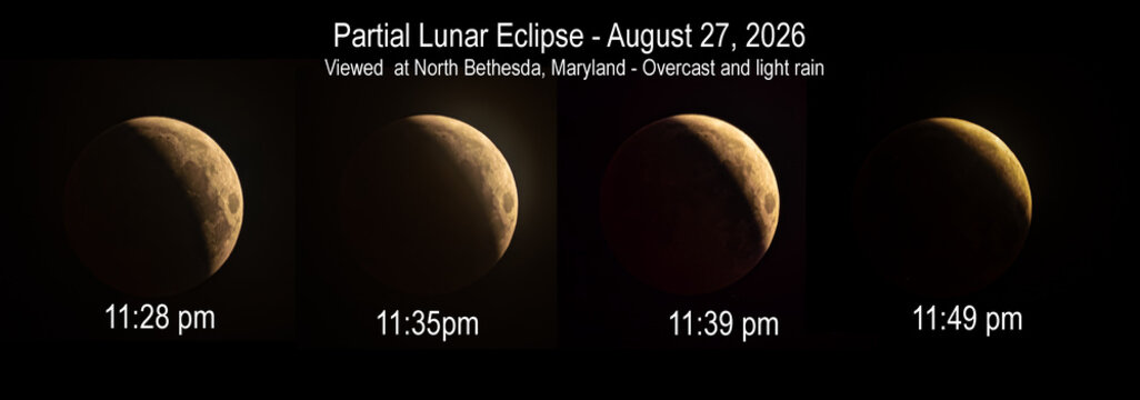 A partial lunar eclipse time-lapse series taken on August 27, 2026, in cloudy and occasional light rain