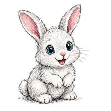 Adorable baby white bunny illustration with big blue eyes and happy smile, hand-drawn fluffy rabbit sketch on white background for Easter cards, nursery decor, children books and animal clipart.