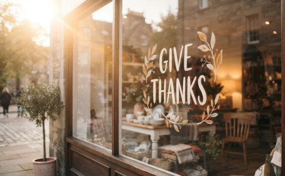 Give Thanks storefront window display with autumn seasonal lettering and cozy home decor in a charming European village shop for holiday gratitude concepts