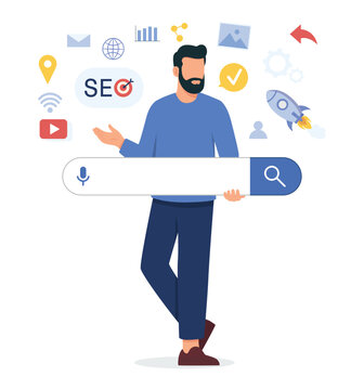 Man holding search bar vector illustration for SEO optimization, digital marketing concept, web search engine, strategy icons isolated on white background.