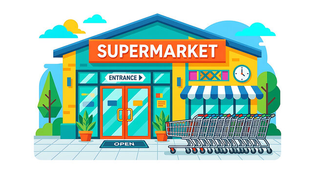 Modern Supermarket Entrance with Shopping Carts Lined Up Outside