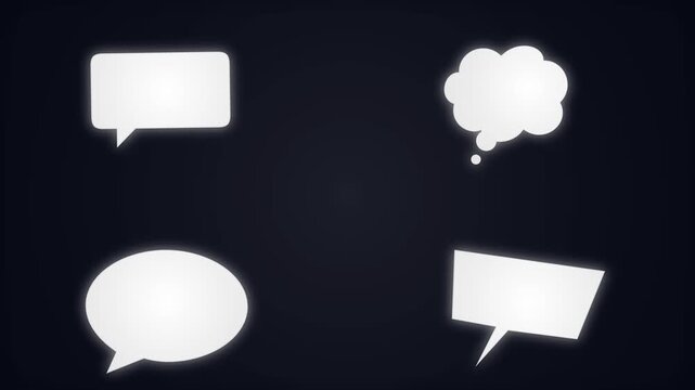 Thinking cartoon cloud. Four glowing white speech and thought bubbles on dark background