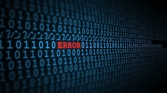 A red warning word highlighted within a massive matrix of binary code representing software bugs and system failures during high speed data processing operations across global networks