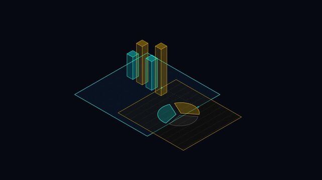 Isometric financial charts and data graphs animation with rising bars and glowing neon UI elements against a dark background
