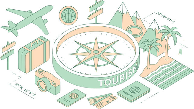 Tourism and Travel Concept with Isometric Compass and Vacation Gear