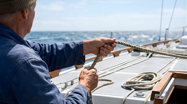 Mature man sailing on a yacht pulling a rope on the ocean deck