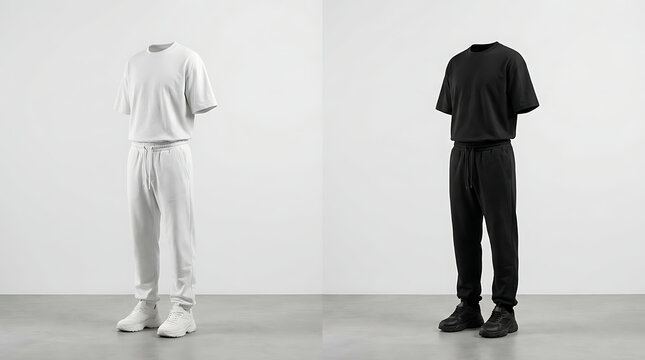 Professional Black and White Streetwear Apparel Mockup Set with Oversized T-shirts, Joggers and Sneakers on Ghost Mannequin, Isolated Template for Fashion Design and E-commerce Store