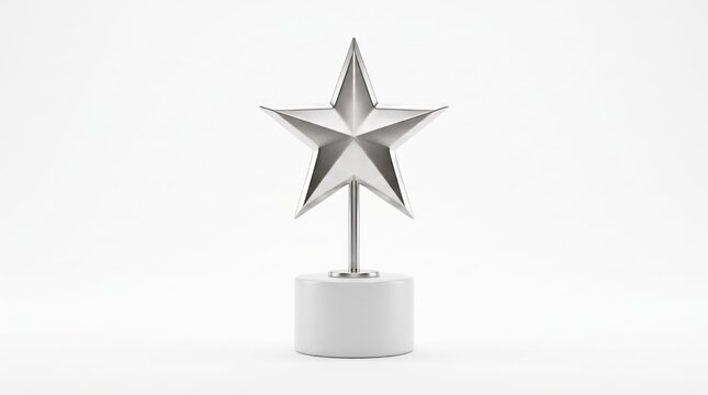 Minimalist silver star award trophy standing on white cylindrical base against clean, symbolizing excellence, achievement, first place victory, quality recognition