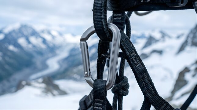 Metal carabiner attached to climbing harness against snowy mountain background