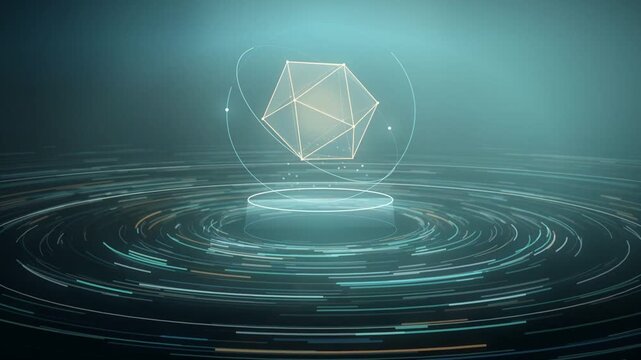 Glowing geometric polyhedron rotating above a futuristic light platform with circular energy rings