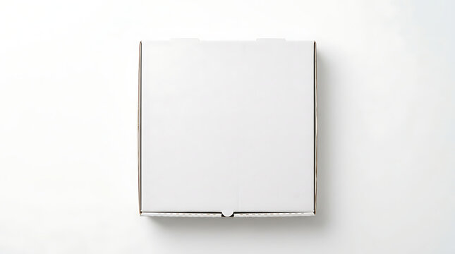 Top view of a blank white cardboard pizza box mockup isolated on white background. Clean minimalist square delivery package for branding and food packaging design presentation.