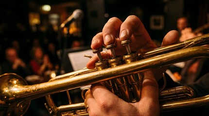 Fototapeta premium Musician playing trumpet in jazz club with blurred audience background