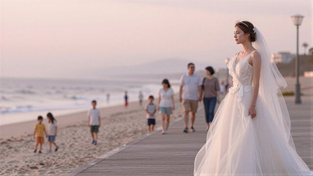 Bride in white gown stands on beach boardwalk, family walks behind her.