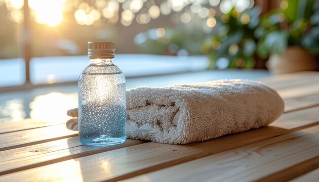 Reusable cold gel pack with hot water bottle and towel on wooden bench for pain relief and injury recovery