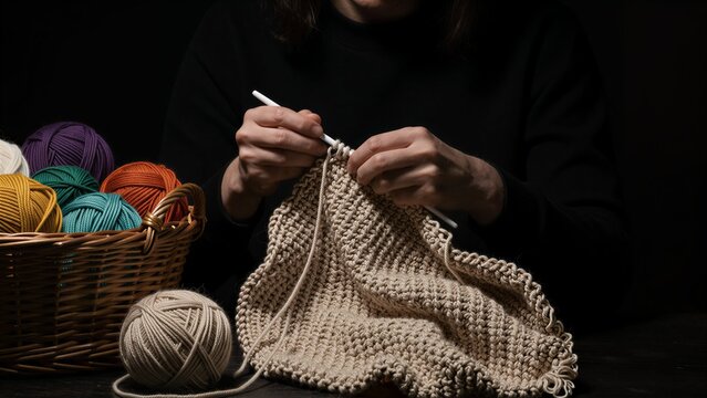 Hands knitting with yarn, basket of colorful balls nearby in dim lighting.