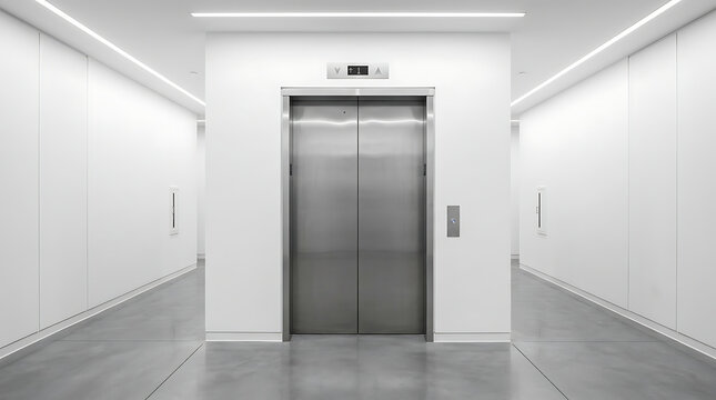 Modern Stainless Steel Elevator Doors in Minimalist White Office Building Lobby Hallway, Clean Architecture Interior Photography for Corporate Business and Real Estate Design